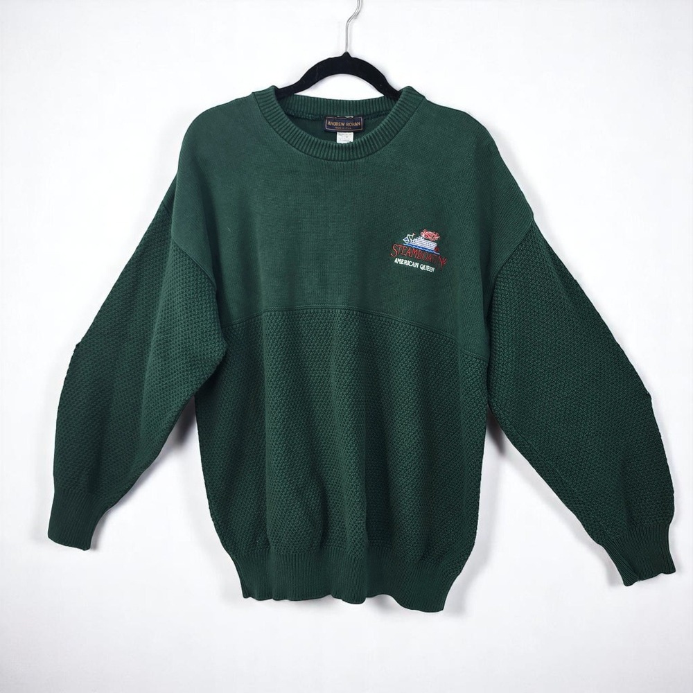 VTG Andrew Rohan Steamboatin American Queen Knit Sweater Men XL Textured‎ Green
